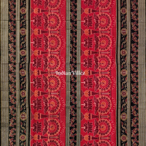 Red Lotus & Peacock Design Sambalpuri Pure Cotton Saree