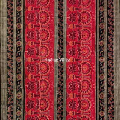 Red Lotus & Peacock Design Sambalpuri Pure Cotton Saree