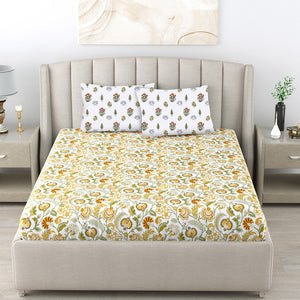 220 TC 100% Cotton Single Printed Bedsheet with Pillow Covers - Creeper Mustard