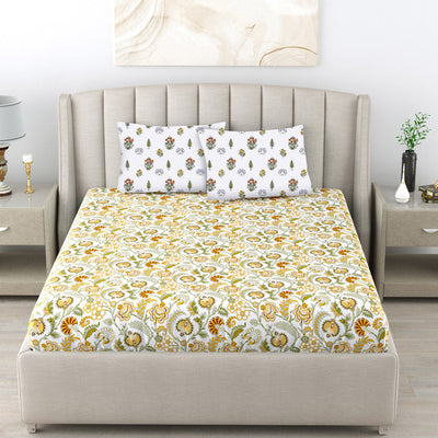 220 TC 100% Cotton Single Printed Bedsheet with Pillow Covers - Creeper Mustard