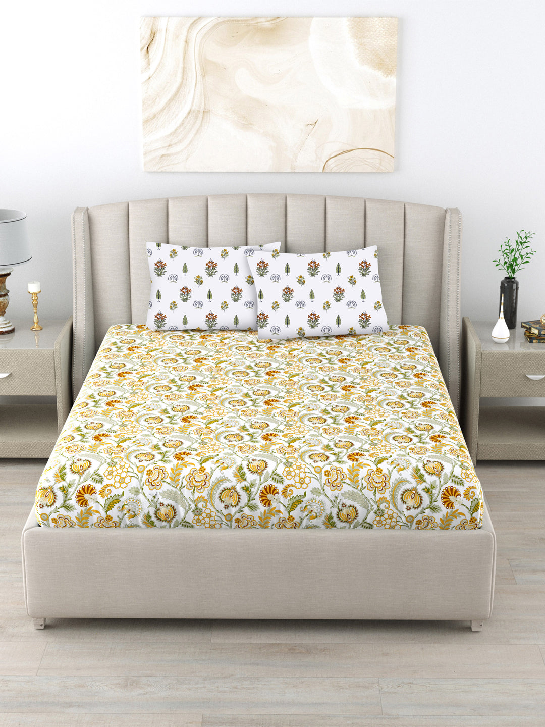 Fitted King Size Cotton Bedsheet - Creeper Mustard