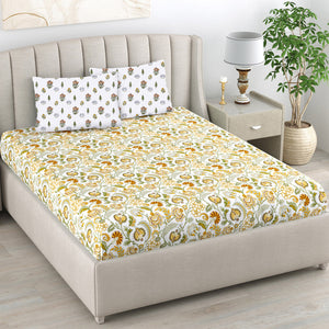220 TC 100% Cotton Single Printed Bedsheet with Pillow Covers - Creeper Mustard