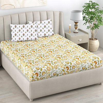 220 TC 100% Cotton Single Printed Bedsheet with Pillow Covers - Creeper Mustard