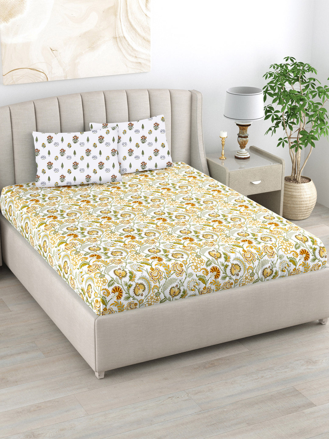 220 TC 100% Cotton Single Printed Bedsheet with Pillow Covers - Creeper Mustard