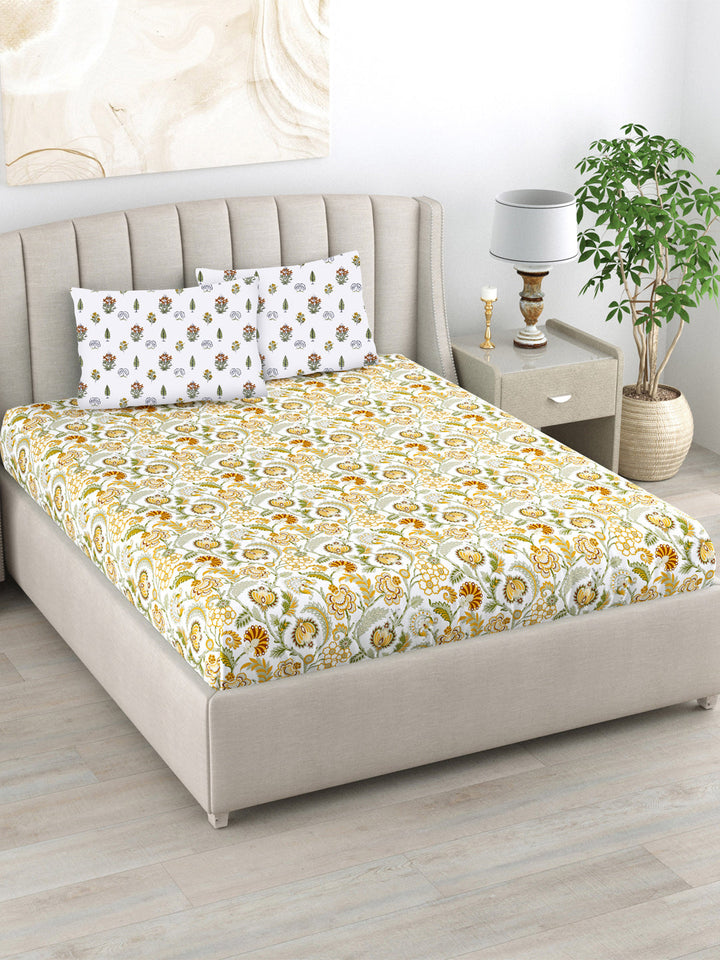 220 TC 100% Cotton Single Printed Bedsheet with Pillow Covers - Creeper Mustard