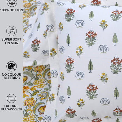 220 TC 100% Cotton Single Printed Bedsheet with Pillow Covers - Creeper Mustard