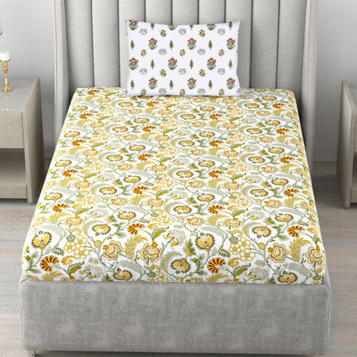 220 TC 100% Cotton Single Printed Bedsheet with Pillow Covers - Creeper Mustard