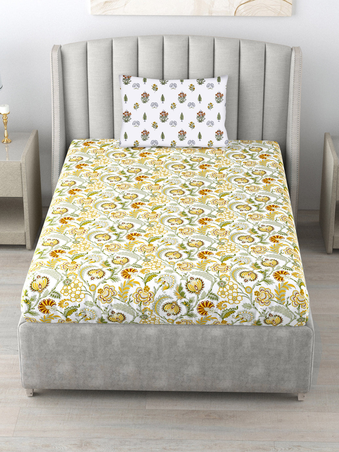 Fitted King Size Cotton Bedsheet - Creeper Mustard