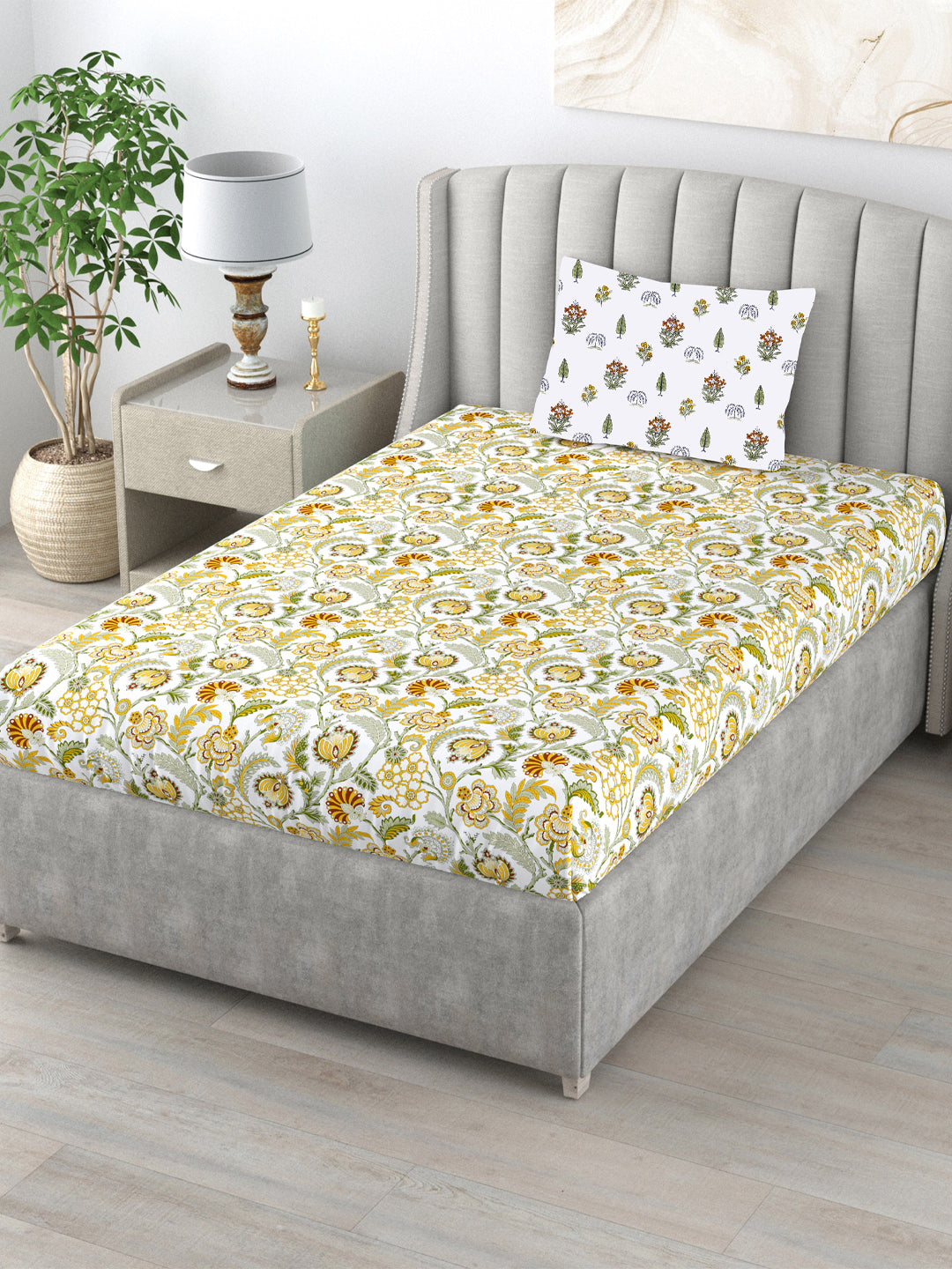 220 TC 100% Cotton Single Printed Bedsheet with Pillow Covers - Creeper Mustard