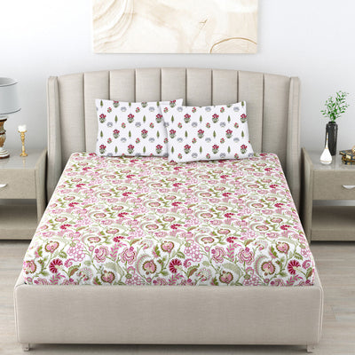 220 TC 100% Cotton Single Printed Bedsheet with Pillow Covers - Creeper Pink