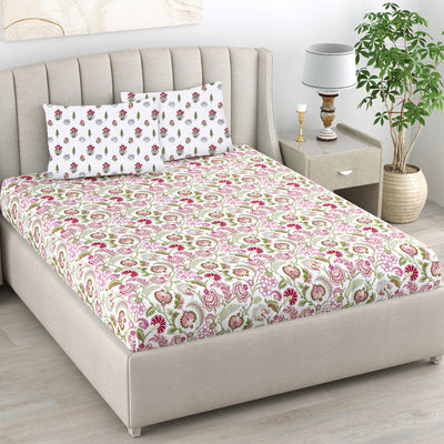 220 TC 100% Cotton Single Printed Bedsheet with Pillow Covers - Creeper Pink