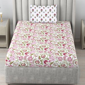 220 TC 100% Cotton Single Printed Bedsheet with Pillow Covers - Creeper Pink
