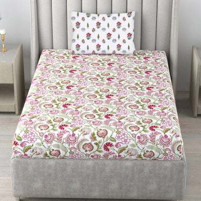220 TC 100% Cotton Single Printed Bedsheet with Pillow Covers - Creeper Pink