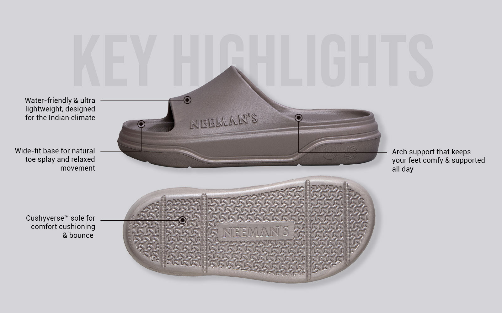 Cushers Slides For Men : Goat Grey