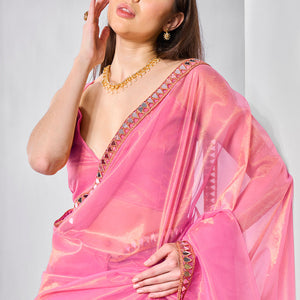 Mirror Work Lace Organza Saree With Blouse Piece