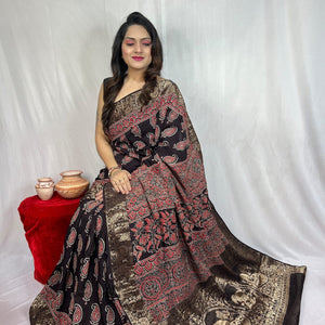 Dola Silk Original Handblocked  Ajrakh work Saree