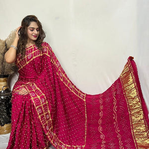 Pure Modal Silk Golden Chex Hand Made Barik Bandhej work Silk Bandhani Saree