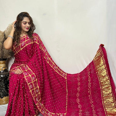 Pure Modal Silk Golden Chex Hand Made Barik Bandhej work Silk Bandhani Saree