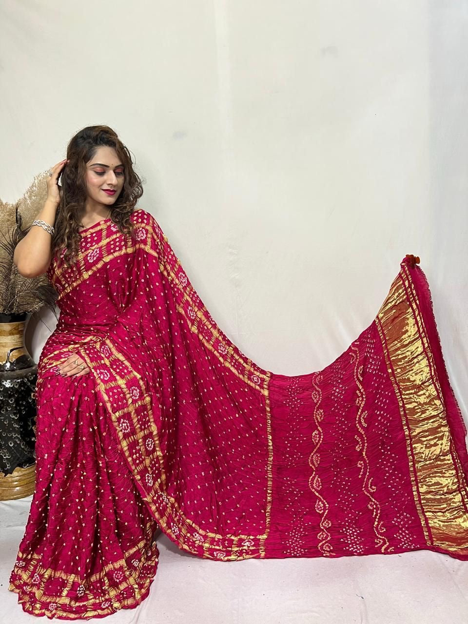 Pure Modal Silk Golden Chex Hand Made Barik Bandhej work Silk Bandhani Saree