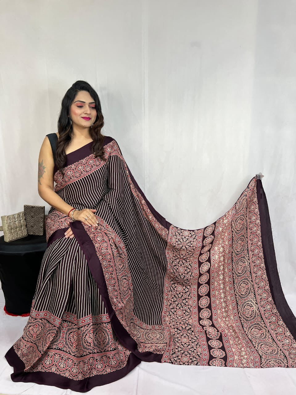 Modal Silk Authentic Hand Blocked Ajrakh work Saree