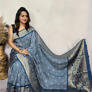 Dola Silk Authentic Hand Crafted Ajrakh Work Saree