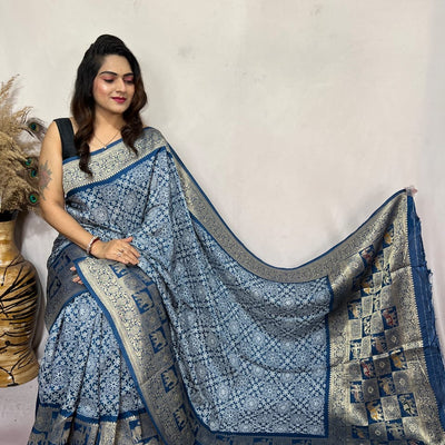 Dola Silk Authentic Hand Crafted Ajrakh Work Saree