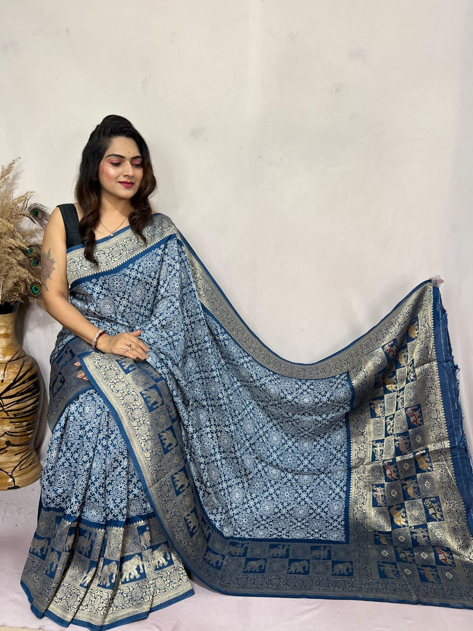 Dola Silk Authentic Hand Crafted Ajrakh Work Saree