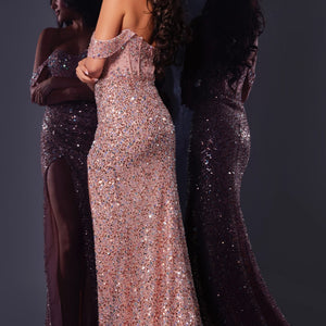Sequin Fitted Off Shoulder Slit Gown by Jovani D6023
