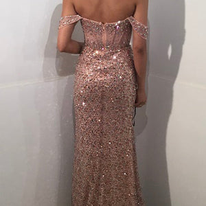 Sequin Fitted Off Shoulder Slit Gown by Jovani D6023