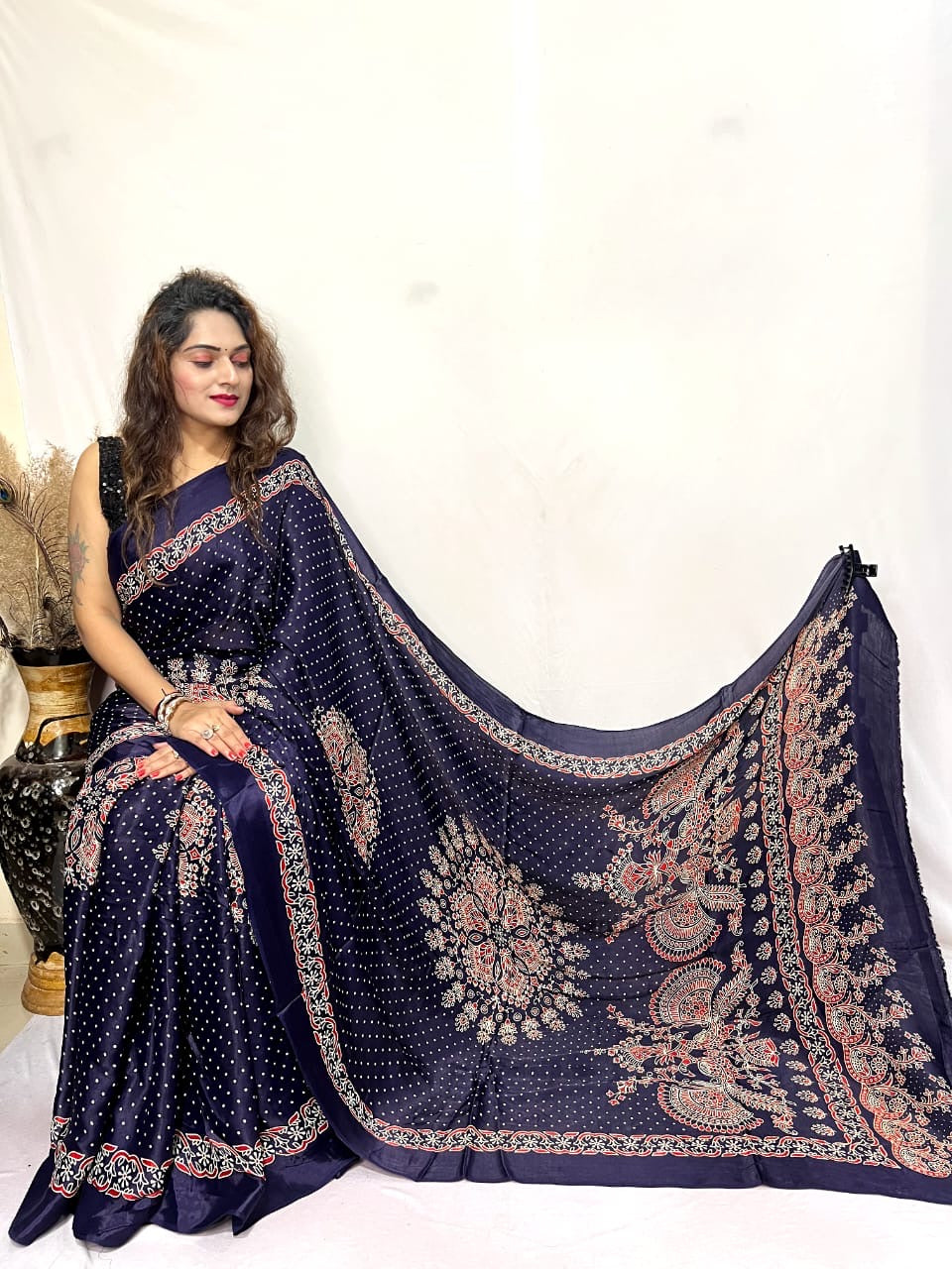 Modal Silk Ajrakh Bandhani Print Silk Saree