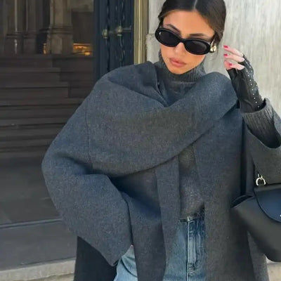 Essie Vintage Woolen Short Coat in Grey with Scarf