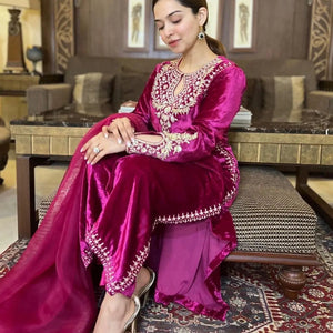 Premium Embroidery work Velvet Kurti Pant Dupatta Set ( Stitched)