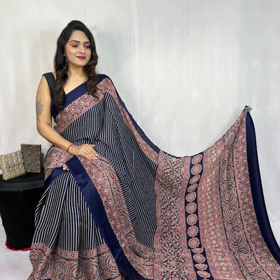 Modal Silk Authentic Hand Blocked Ajrakh work Saree