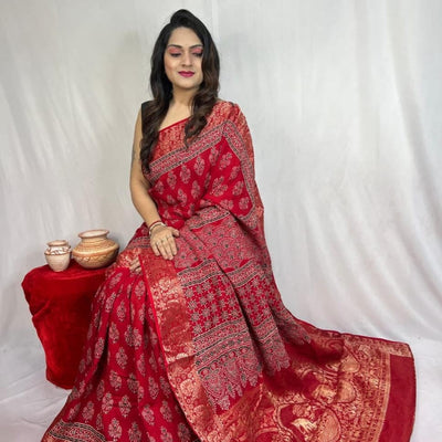 Dola Silk Original Handblocked  Ajrakh work Saree