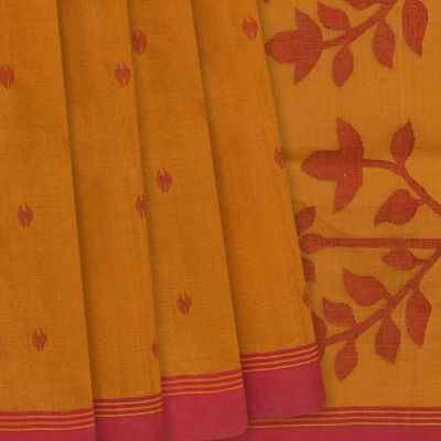 Mustard Handloom Dhakai Cotton Saree With Floral Pallu-Mustard