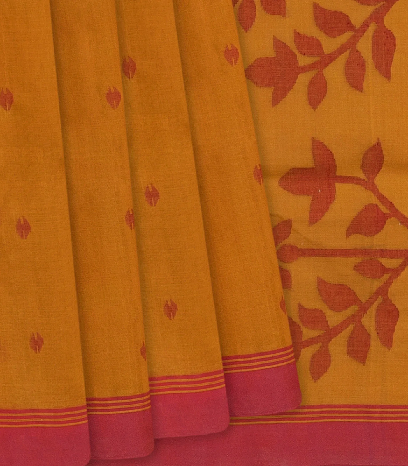 Mustard Handloom Dhakai Cotton Saree With Floral Pallu-Mustard