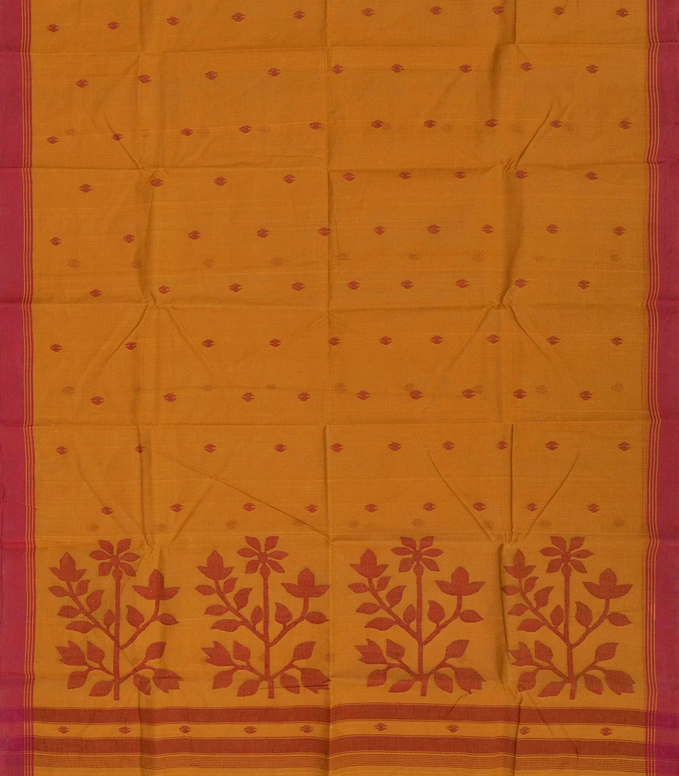 Mustard Handloom Dhakai Cotton Saree With Floral Pallu-Mustard