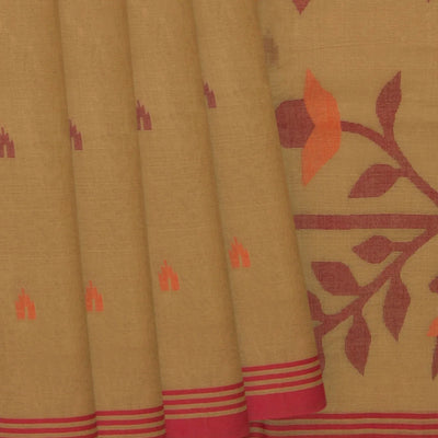 Beige Handloom Dhakai Cotton Saree With Floral Pallu & Red Border-Beige