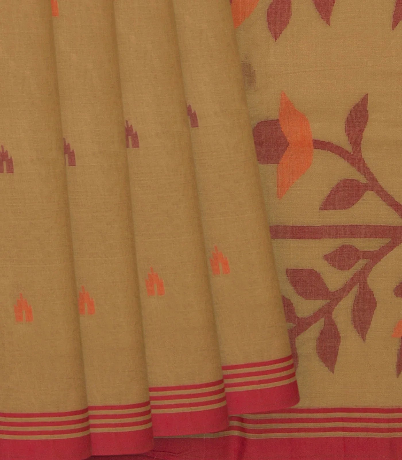 Beige Handloom Dhakai Cotton Saree With Floral Pallu & Red Border-Beige