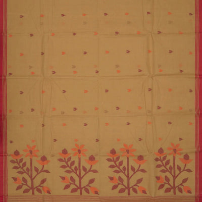 Beige Handloom Dhakai Cotton Saree With Floral Pallu & Red Border-Beige