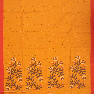Turmeric Yellow Handloom Dhakai Cotton Saree With Coin Motifs-Turmeric Yellow