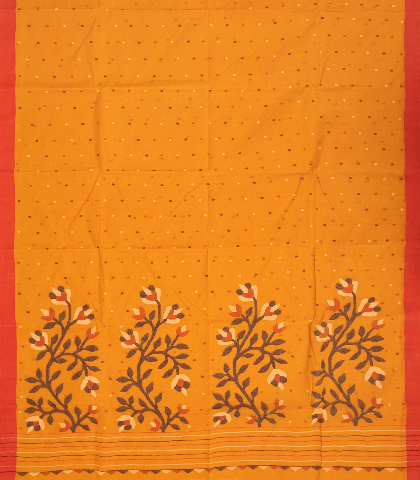 Turmeric Yellow Handloom Dhakai Cotton Saree With Coin Motifs-Turmeric Yellow