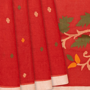Red Handloom Dhakai Cotton Saree With Buttas & Floral Motifs -Red