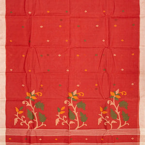 Red Handloom Dhakai Cotton Saree With Buttas & Floral Motifs -Red