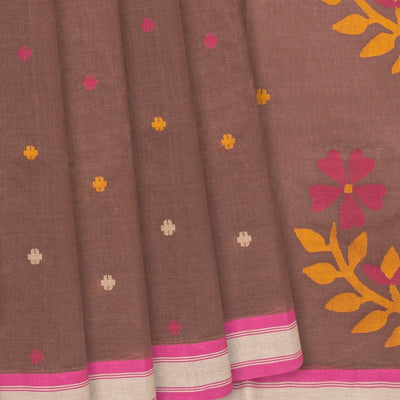 Taupe Handloom Dhakai Cotton Saree With Buttas & Floral Motifs -Taupe