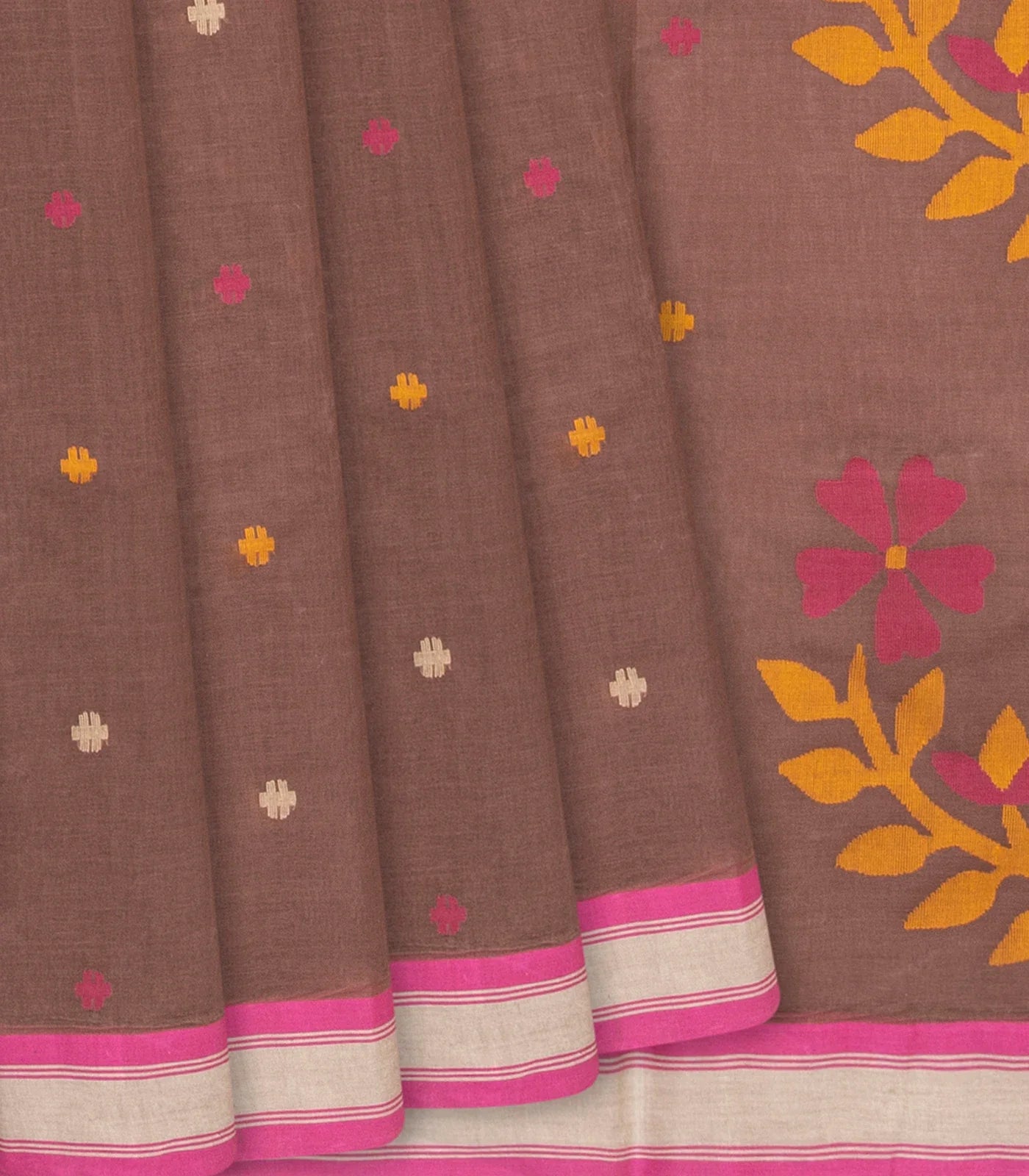 Taupe Handloom Dhakai Cotton Saree With Buttas & Floral Motifs -Taupe