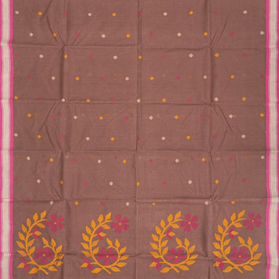 Taupe Handloom Dhakai Cotton Saree With Buttas & Floral Motifs -Taupe