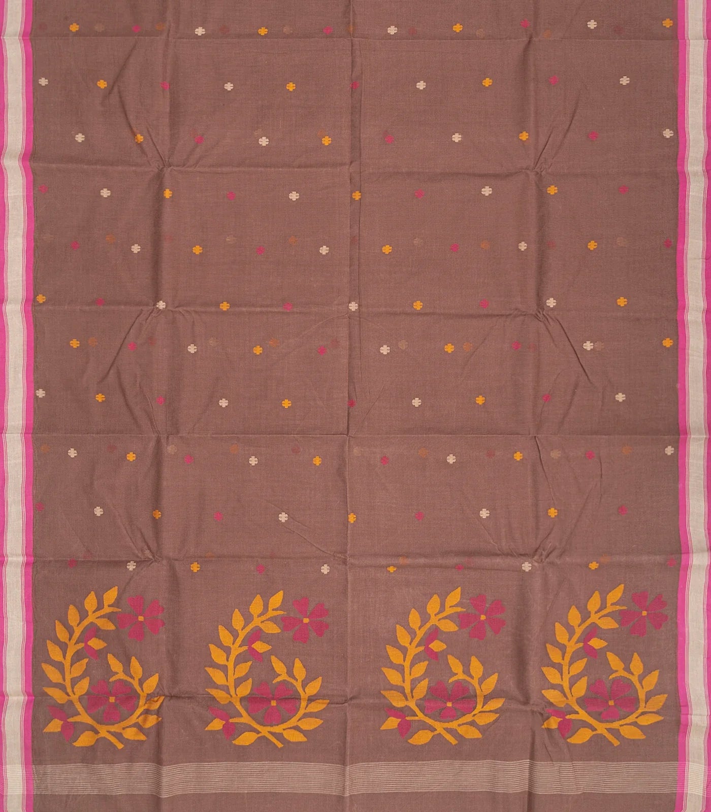 Taupe Handloom Dhakai Cotton Saree With Buttas & Floral Motifs -Taupe
