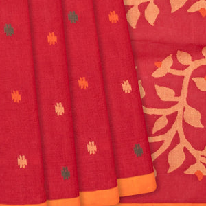 Red Handloom Dhakai Cotton Saree With Geometric Motifs-Red