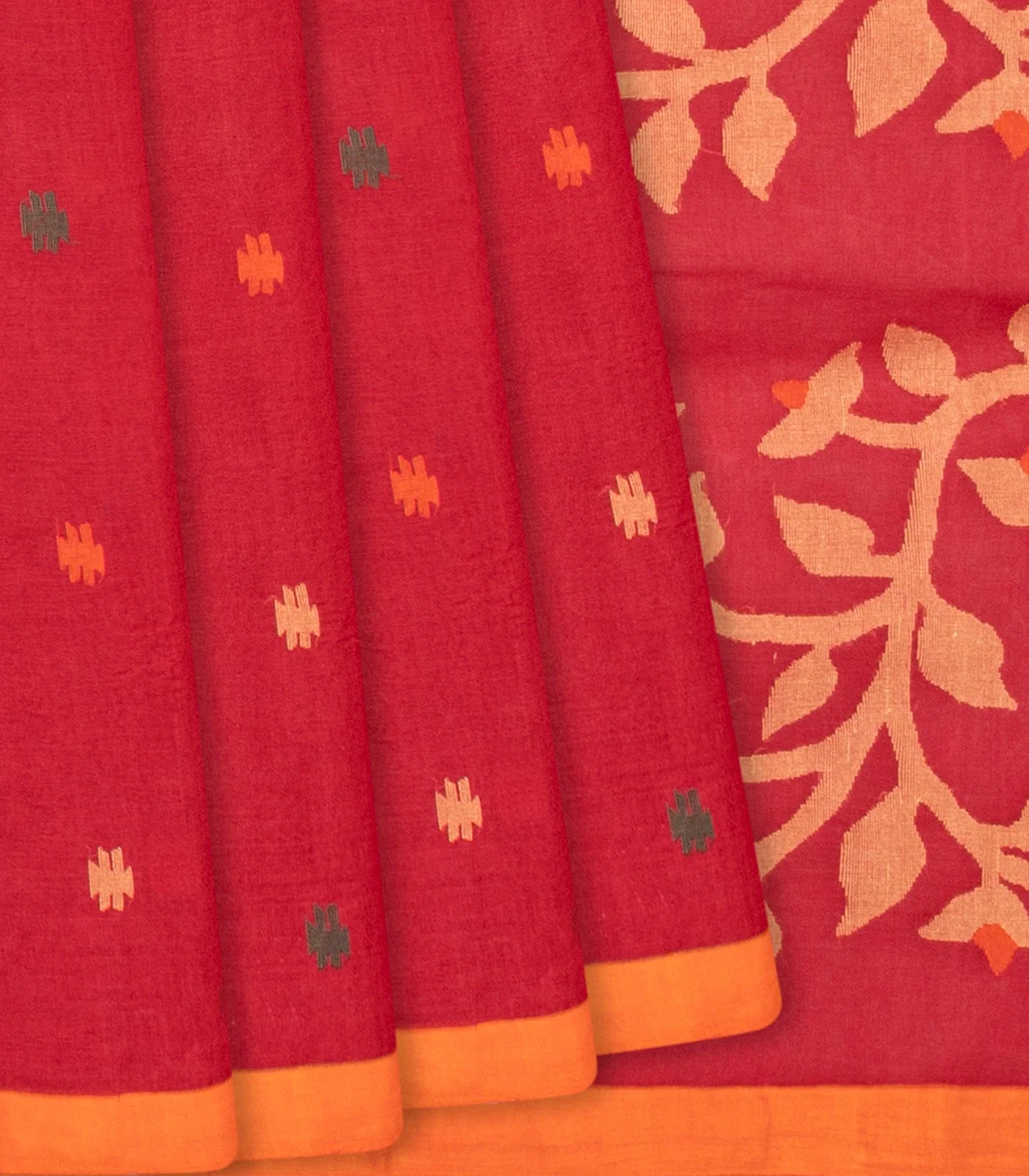 Red Handloom Dhakai Cotton Saree With Geometric Motifs-Red